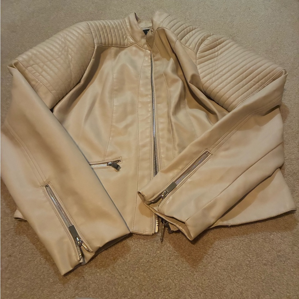 New York & Company Cream Quilted Leather Moto Jacket
